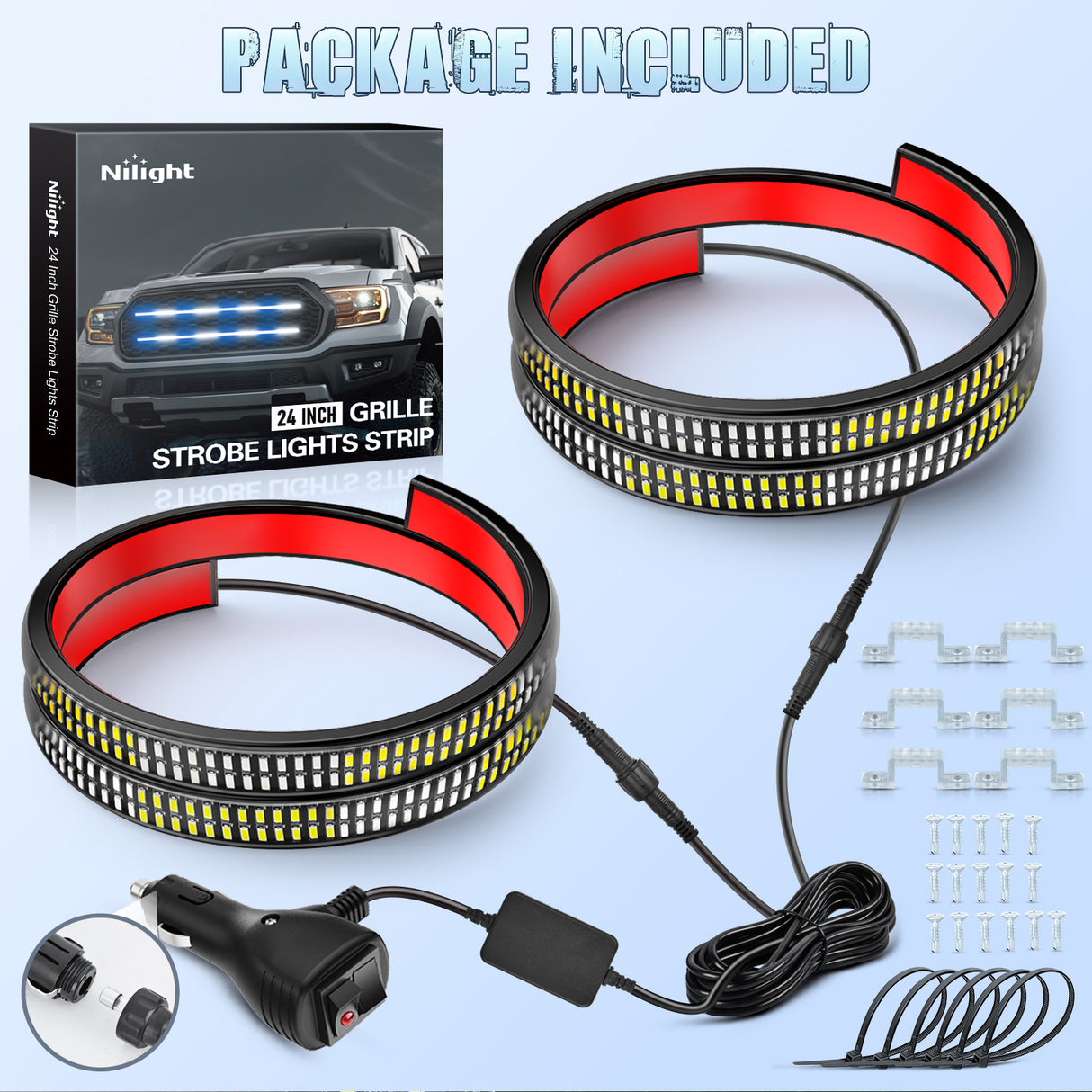 Nilight 2PCS 24 inch Truck Grille Strobe Lights Strip 384 LED Emergency Light Blue White Flexible Side Flashing Warning Caution Safety Waterproof Lighting Kit for Trucks Tow Plow Construction Vehicles