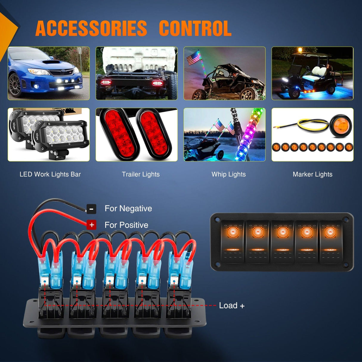 Rocker Switch 5Gang Aluminum 5Pin ON/Off Rocker Switch Panel Orange