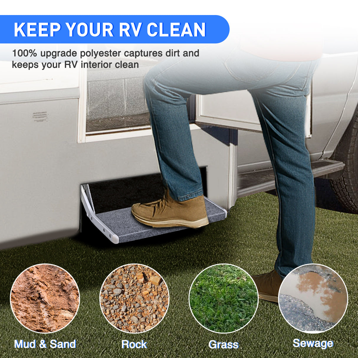 Nilight RV Step Covers 1 Pack 18 inch, Fits 8-11Inch Deep Camper Steps Adjustable Wrap Around RV Step Rug with Spring Works on Electrical & Manual RV Stairs Carpet for Camper Trailers Steps Outside, Gray