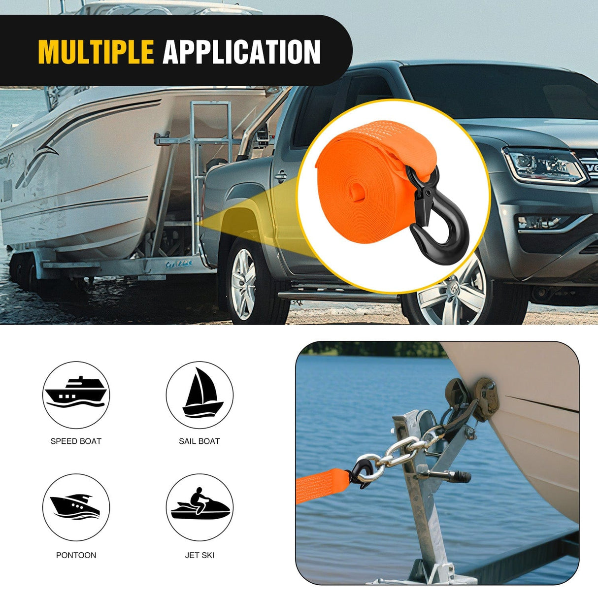 Tie Down Straps Boat Trailer Winch Strap 2 x 20Inch With Steel Hook 500 LBS Break Strength Winch Strap For Pontoon, Jet Ski, Fishing Boat