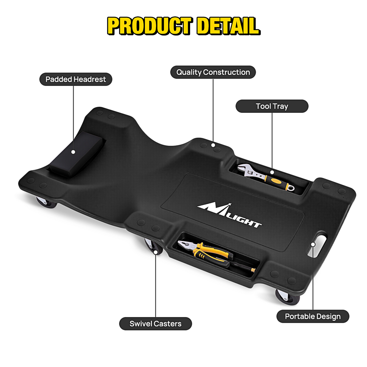 Creeper Seat 40 Inch Mechanic Plastic Creeper -40 Inches Blow-Molded Rolling Garage Cart with Padded Headrest, Dual Tool Trays and 6 Casters, Black