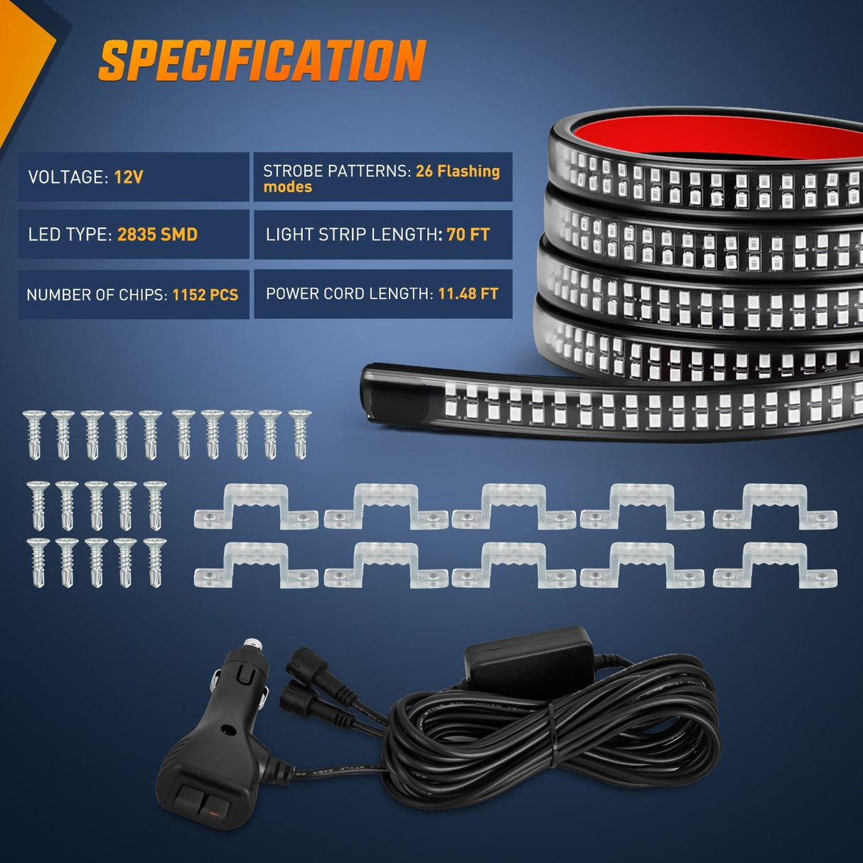 Led light Strip 2PCS 70 Inch Emergency Strobe Light Strip 1125 LED Running Board Lights Red Flexible Side Flashing Warning Caution Safety Waterproof for Truck Construction Vehicles Pickup