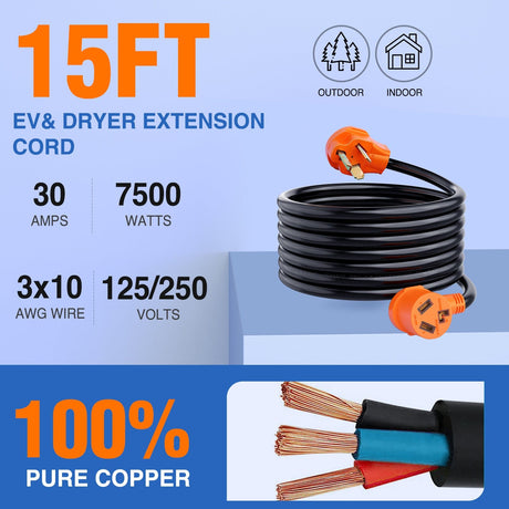 RV Parts 15FT EV Dryer Extension Cord 3 Prong 30 Amp NEMA 10-30P 10-30R Old Dryer Extension Cable Heavy Duty 10 Gauge Pure Copper Wire UL Listed 125/250V for Level 2 EV Charging