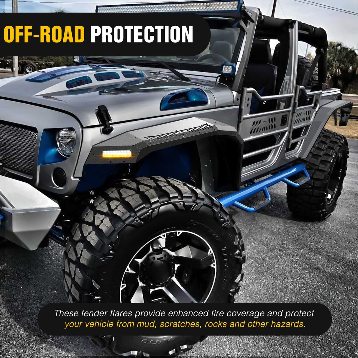 Fender 2007 2008 2009 2010 2011 2012 2013 2014 2015 2016 2017 2018 Jeep Wrangler JK 2 Door Wide Flat Front & Rear Fender Flares w/LED Lights Turn Signal Lights DRL