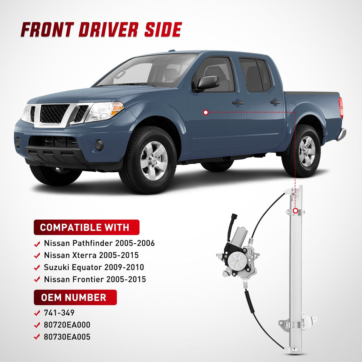 Window Regulator Front Passenger Window Regulator with Motor, Compatible with Nissan Frontier 2005 2006 2007 2008 2009 2010 2011 2012 2013 2014 2015, Power Window Lift Motor Assembly, 741-349