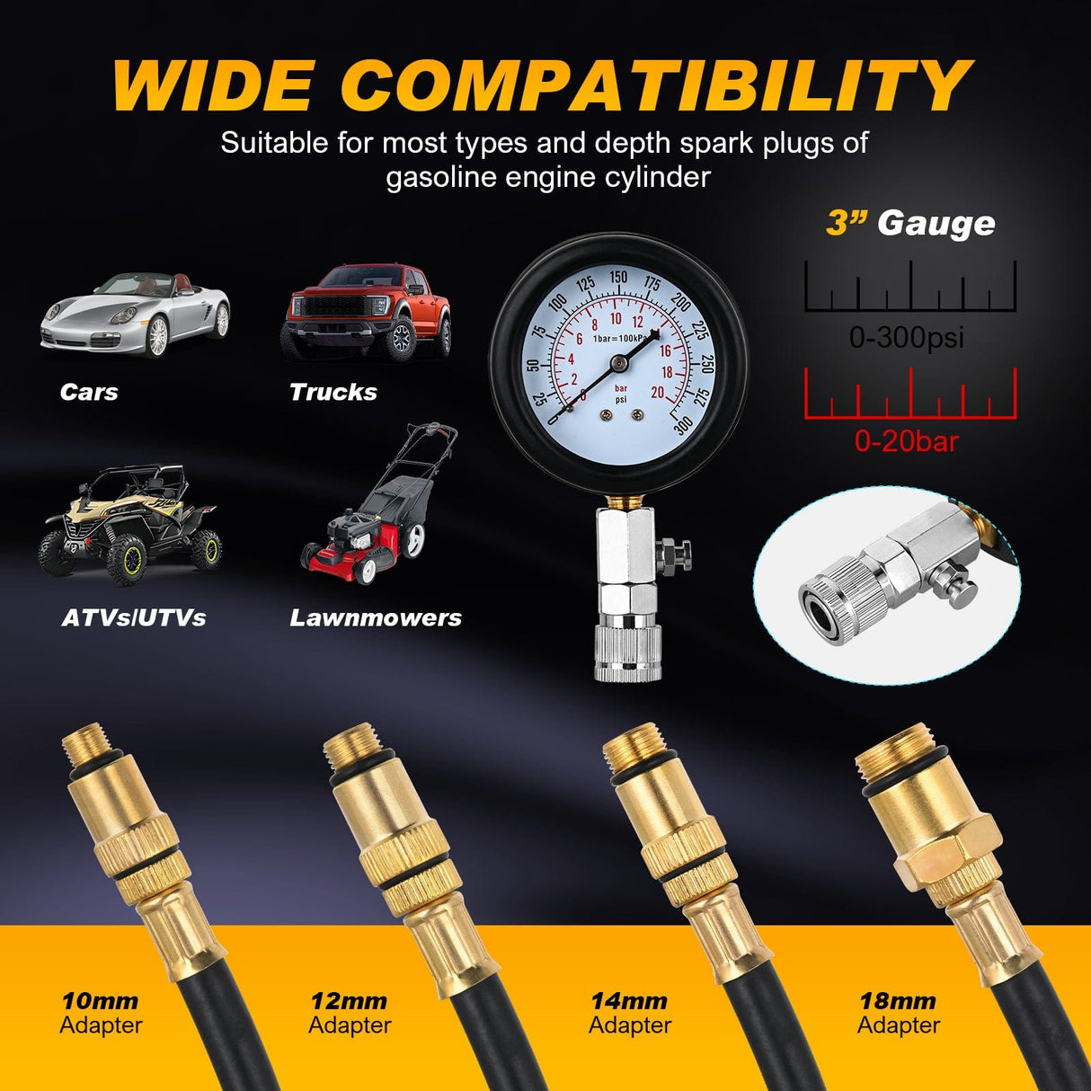 inflator 8PCS Petrol Gas Engine Cylinder Compression Tester Kit