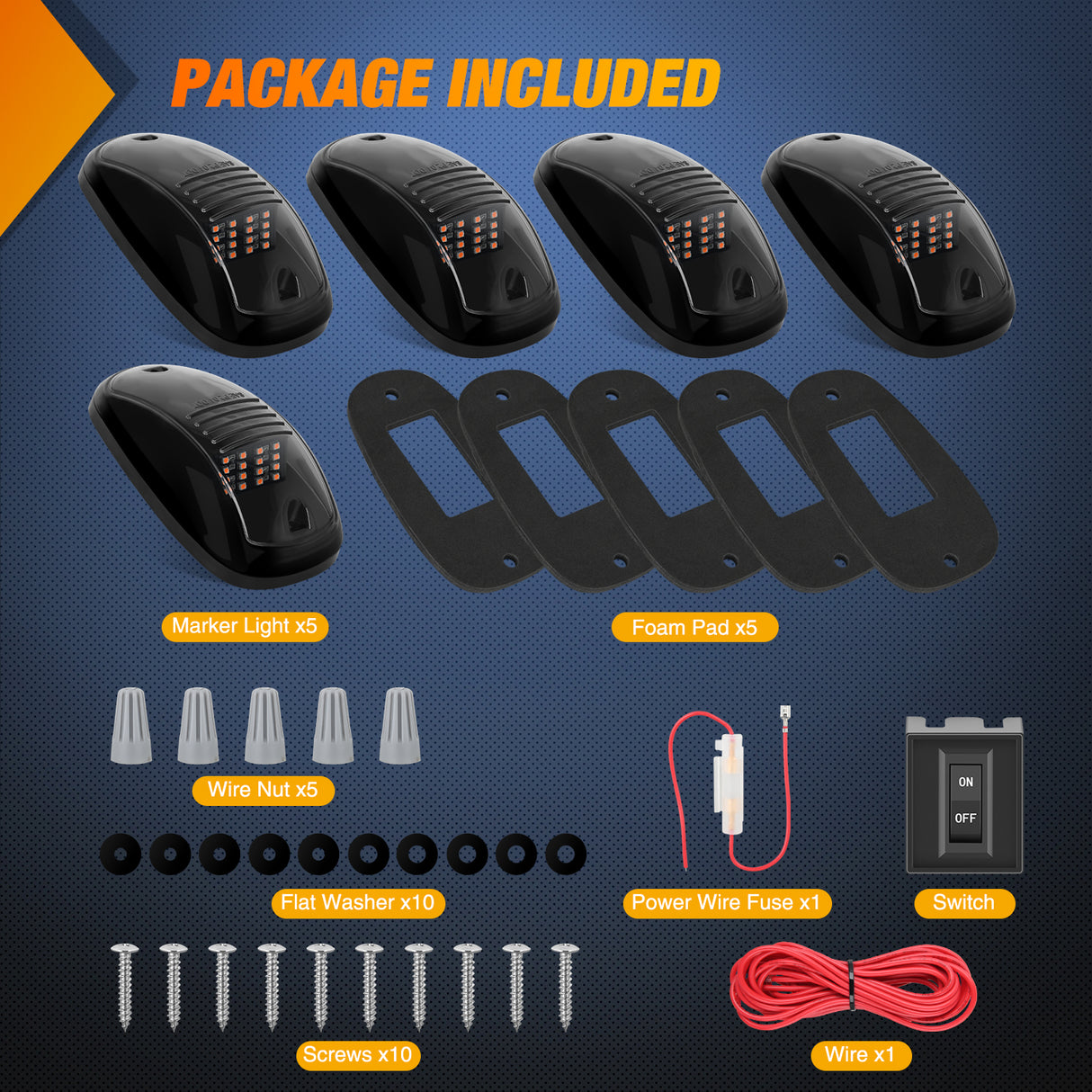 Nilight Cab Roof Marker Light 5 PCS 16 LED Smoked Lens Amber Top Clearance Lights Kit Waterproof Surface Mount for Ford Dodge Ram SUV POV Pickup Trucks