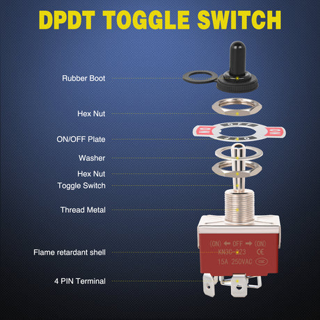 Nilight 4Pin Reverse Polarity Toggle Switch 2PCS 12V Momentary Rocker Switches 30A On Off On DPDT 3 Position Waterproof Boot Cap Jack Motor Control w/14 Gauge Wires