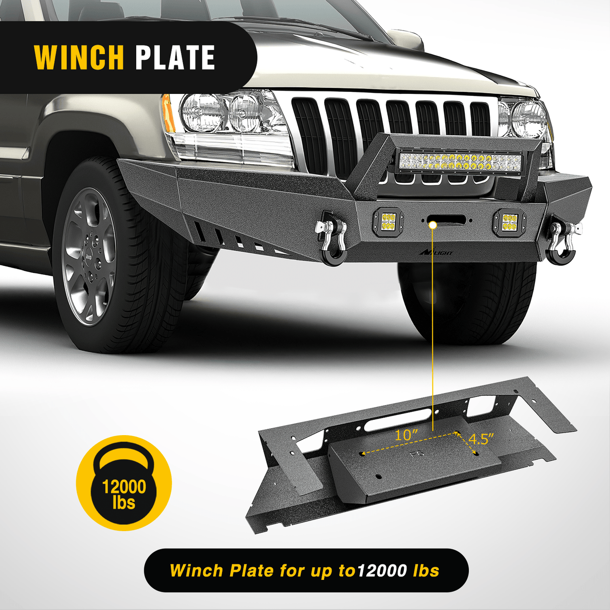 Front Bumper 1999 2000 2001 2002 2003 2004 Jeep Grand Cherokee WJ Front Bumper Winch Plate Offroad 120W Light Bar 18W Light Pods