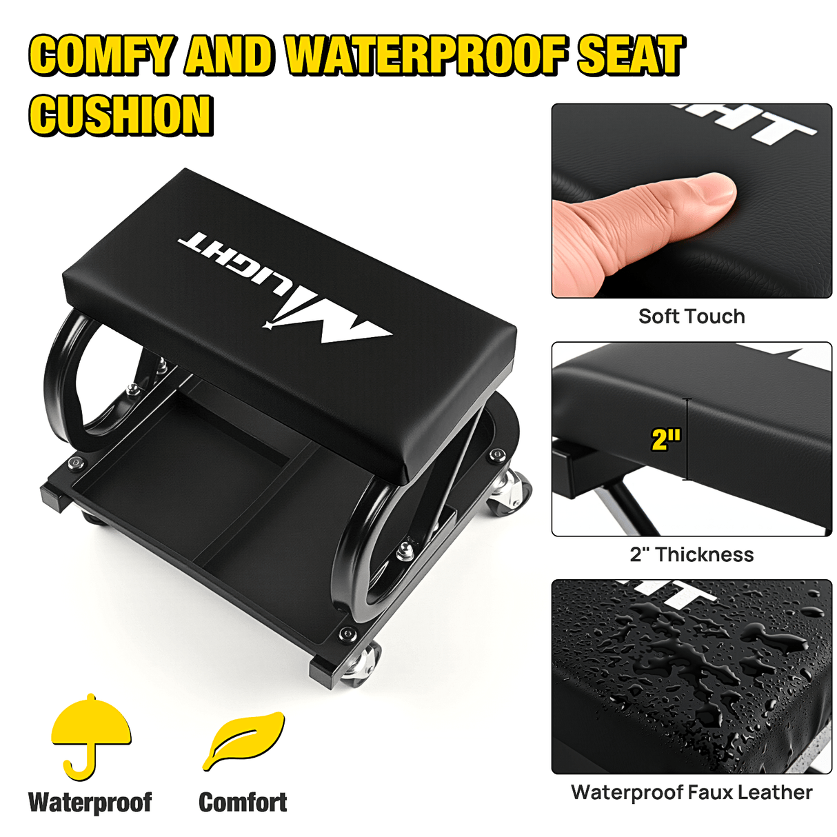 Creeper Seat 260 LBS Capacity Black Rolling Mechanic Padded Seat with Tool Tray Storage