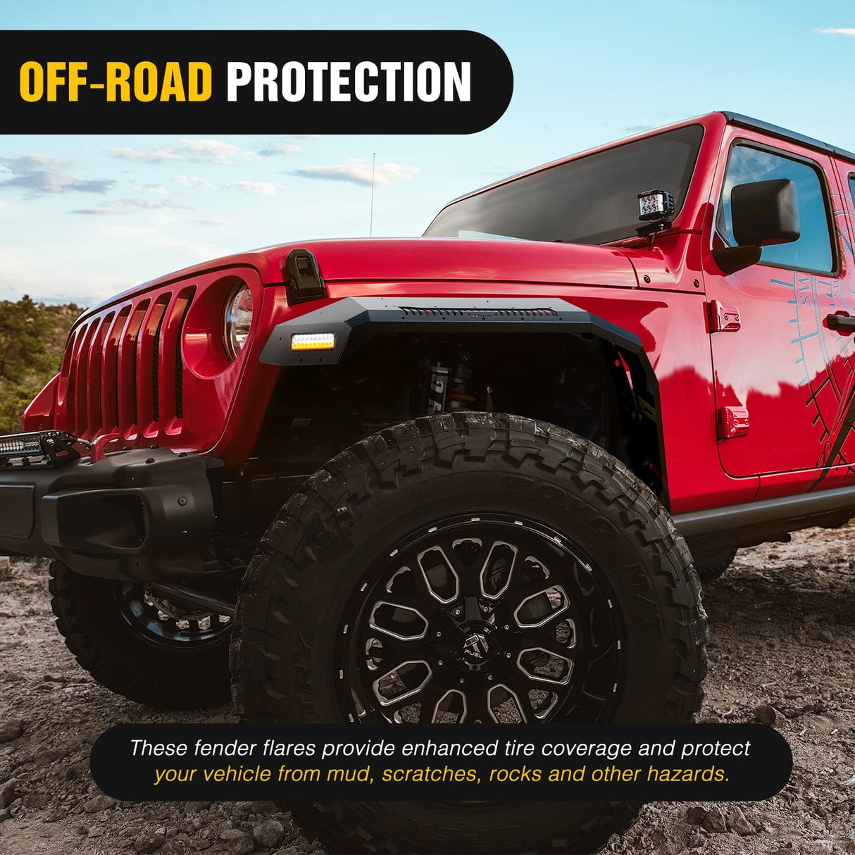 Fender 2018 2019 2020 2021 2022 2023 2024 2025 Jeep Wrangler JL & JLU Unlimited 2/4Doors (No fit 2020+ Gladiator JT) Wide Flat Front Fender Flares w/LED Lights Turn Signal Lights DRL