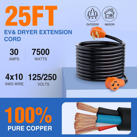 RV Parts 25FT EV Dryer Extension Cord 4 Prong 30 Amp NEMA 14-30P 14-30R Old Cable Heavy Duty 10 Gauge Pure Copper Wire UL Listed 125/250V for Level 2 Using