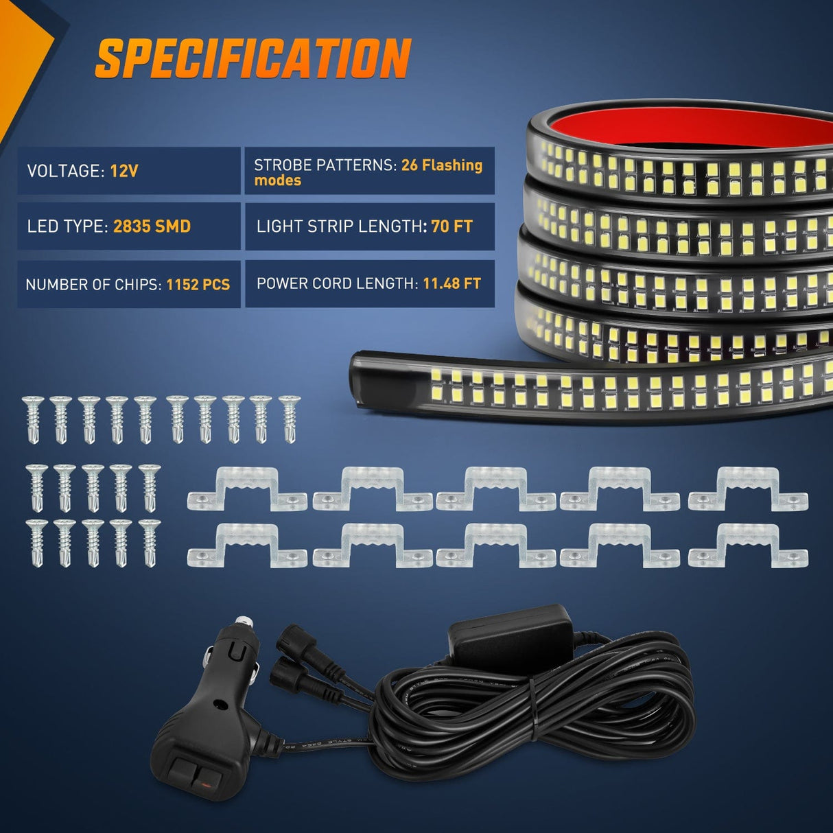 Led light Strip 2PCS 70 Inch Emergency Strobe Light Strip 1125 LED Running Board Lights White Flexible Side Flashing Warning Caution Safety Waterproof for Truck Construction Vehicles Pickup