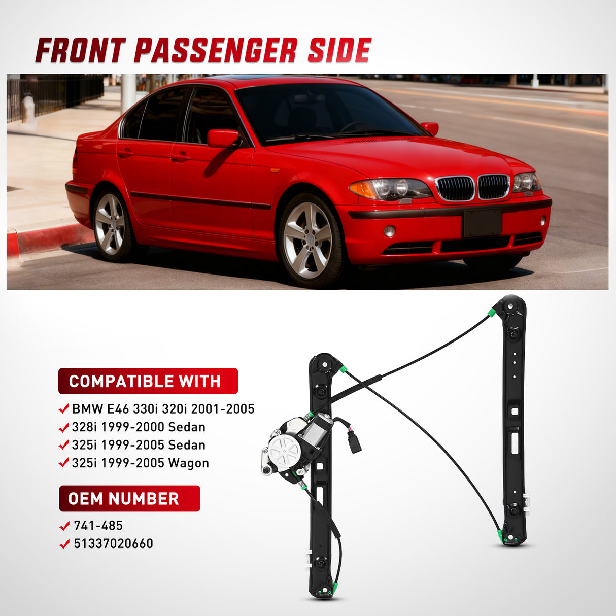 741-485 Power Window Regulator/Motor Front Passenger Side Compatible with BMW E46 325i 328i 330i 1999 2000 2001 2002 2003 2004 2005 Sedan