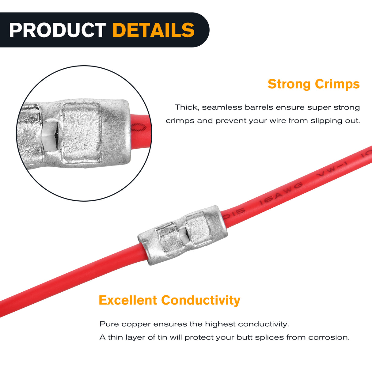 Nilight 100PCS Non Insulated Butt Connectors Kit AWG 24-8 Uninsulated Crimp Butt Connectors Pure Copper Tin Coated Crimp Terminals for Motorcycle Motorbike Car Truck Boats