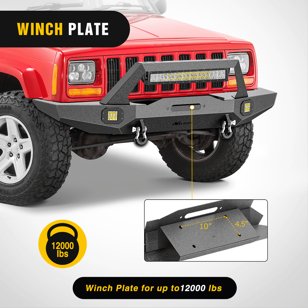 Front Bumper 1984 1985 1986 1987 1988 1989 1990 1991 1992 1993 1994 1995 1996 1997 1998 1999 2000 2001 Jeep Cherokee XJ Front Bumper Winch Plate 120W Light Bar 18W Light Pods
