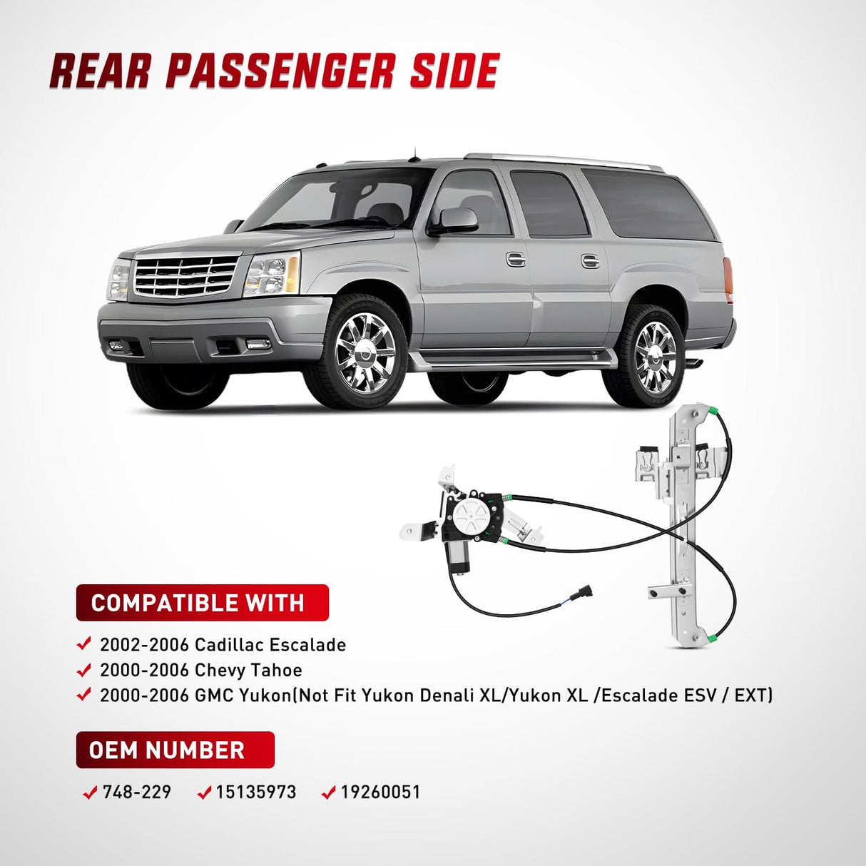 Window Regulator Power Window Regulator with Motor Rear Passenger Side,Compatible with Cadillac Escalade/Chevy Tahoe/GMC Yukon 2002 2003 2004 2005 2006,Rear Right,748-229