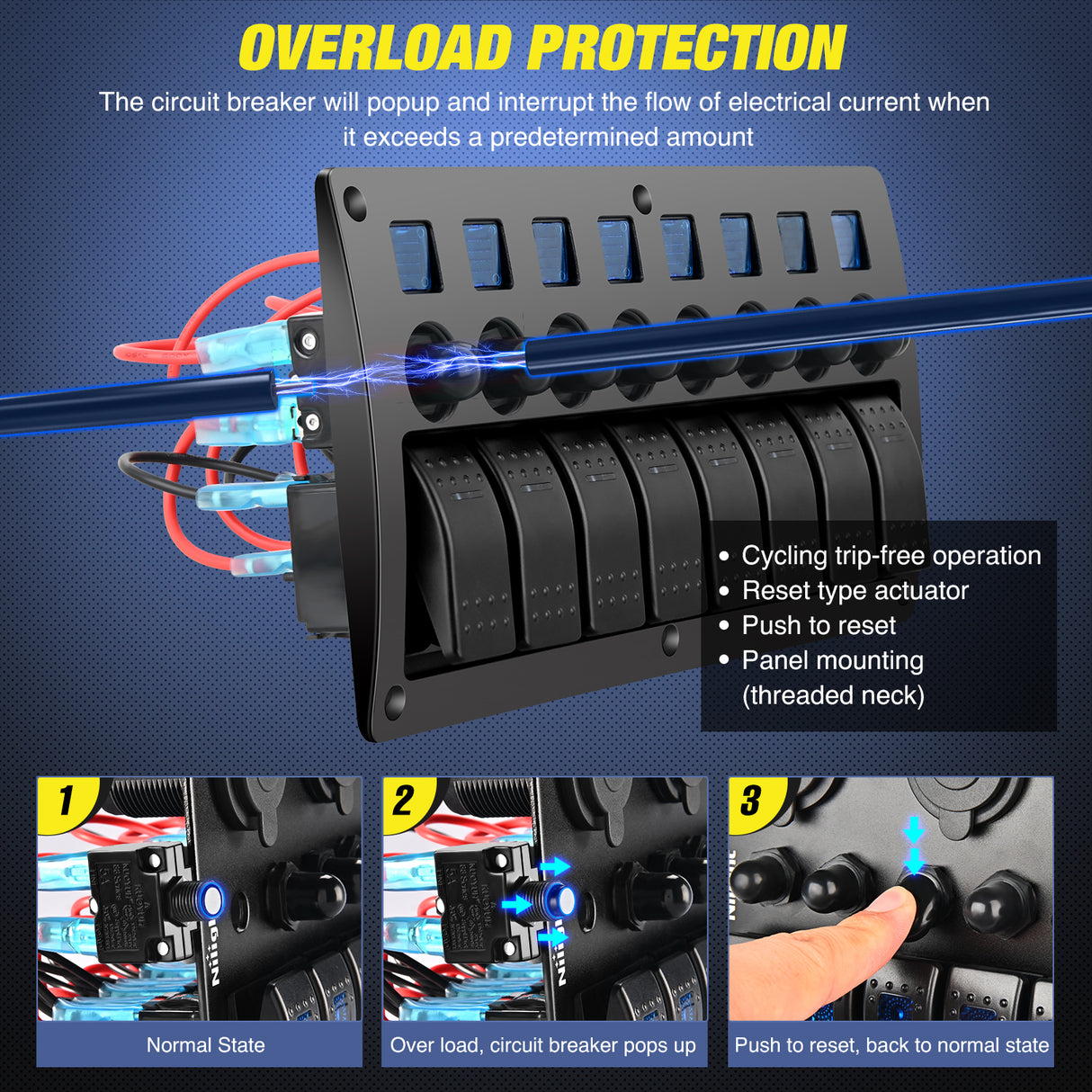 Nilight 8 Gang Rocker Switch Panel Waterproof Pre-Wired Marine with Resettable Circuit Breaker LED Backlight 5A 10A 15A Breakers 12V 24V ON Off 3 PIN Toggle Switches for Car Truck Boat RV