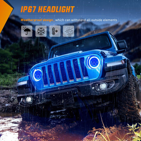 LED Headlight 7 Inch Round LED Halo Headlights w/Turn Signal Amber Light Blue DRL High Low Beam 7Inch Headlight Compatible with 2007 2008 2009 2010 2011 2012 2013 2014 2015 2016 2017 2018 Wrangler JK JKU
