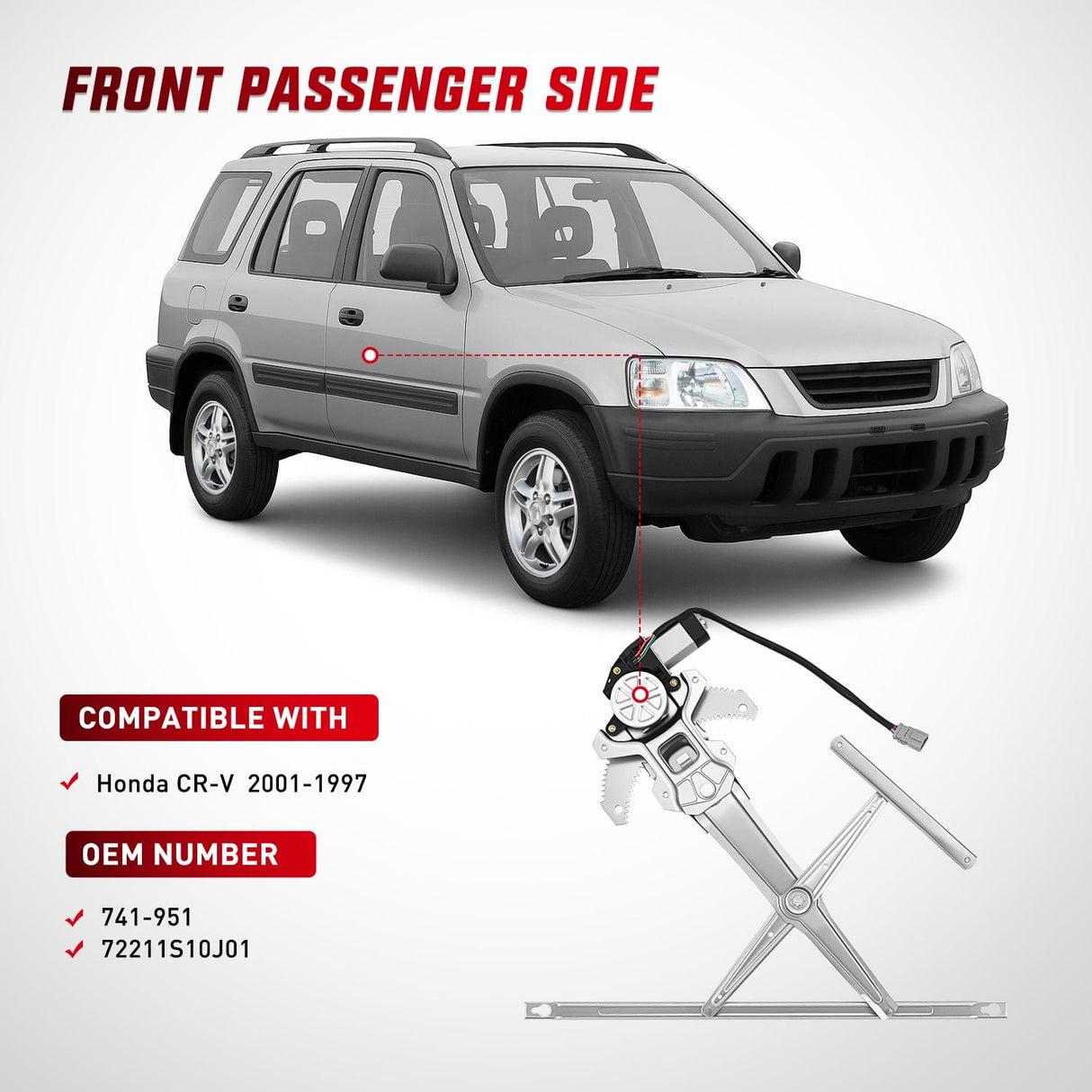Window Regulator 741-951 Front Right Window Regulator with Motor, Compatible with 1997 1998 1999 2000 2001 Honda CR-V, Power Window Lift Motor Assembly, Passenger Side, OE Replacement