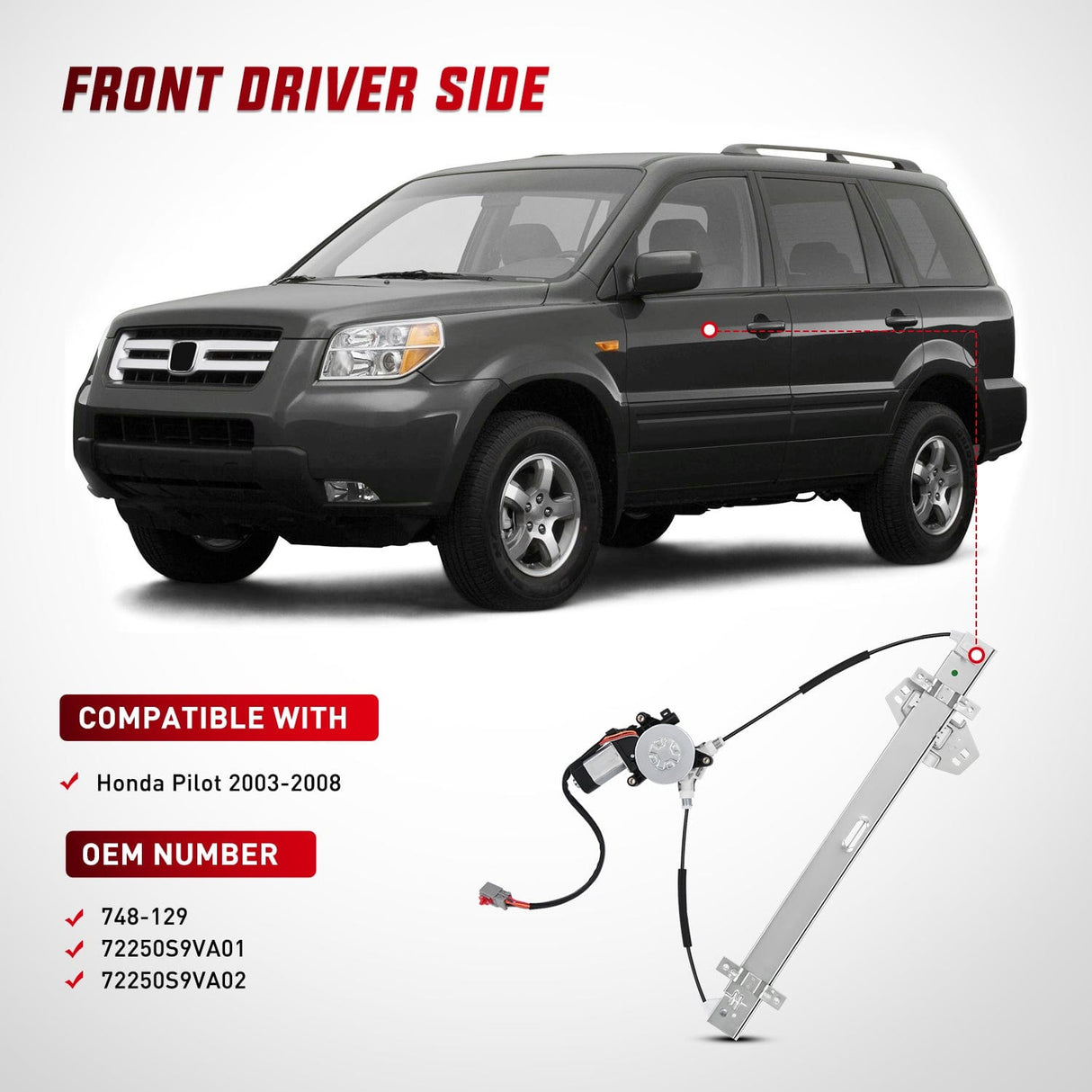 Window Regulator Power Window Regulator with Motor Assembly Replacement for Honda Pilot 2003 2004 2005 2006 2007 2008, Front Driver Side, 748-129