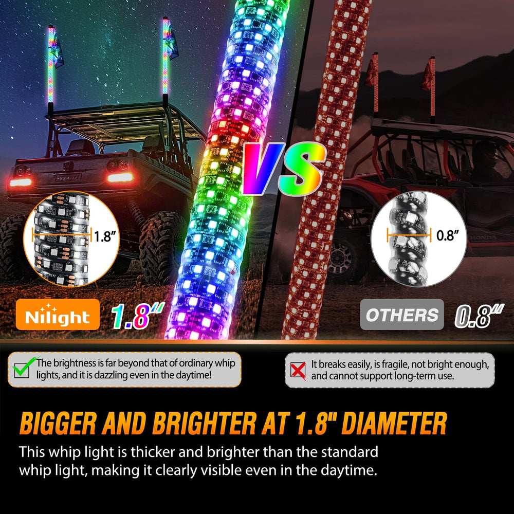 LED Whip Light 2Pcs 3FT Spiral Antenna Bluetooth Remote App Control Led Fat Whip Light