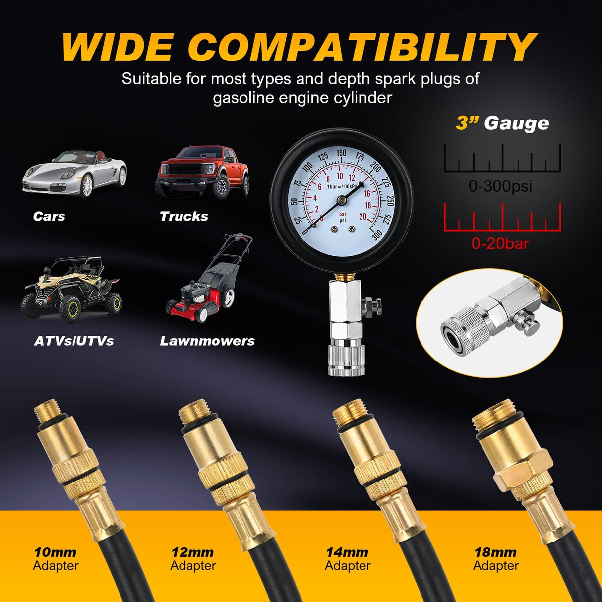 inflator 9PCS Petrol Gas Engine Cylinder Compression Tester Kit