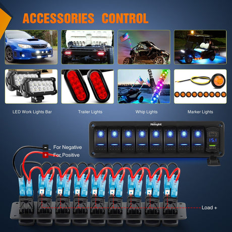 Rocker Switch 8 Gang Switch Panel With Qc3.0 & Pd Charger And Voltmerter with Blue Backlit