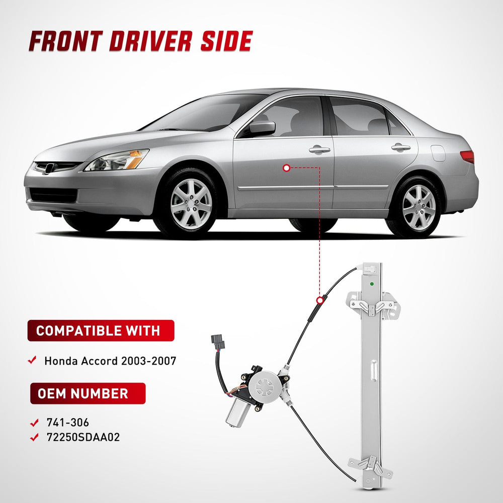 Window Regulator Power Window Regulator with Motor Assembly Replacement for Honda Accord 2003 2004 2005 2006 2007, Front Driver Side, 741-306