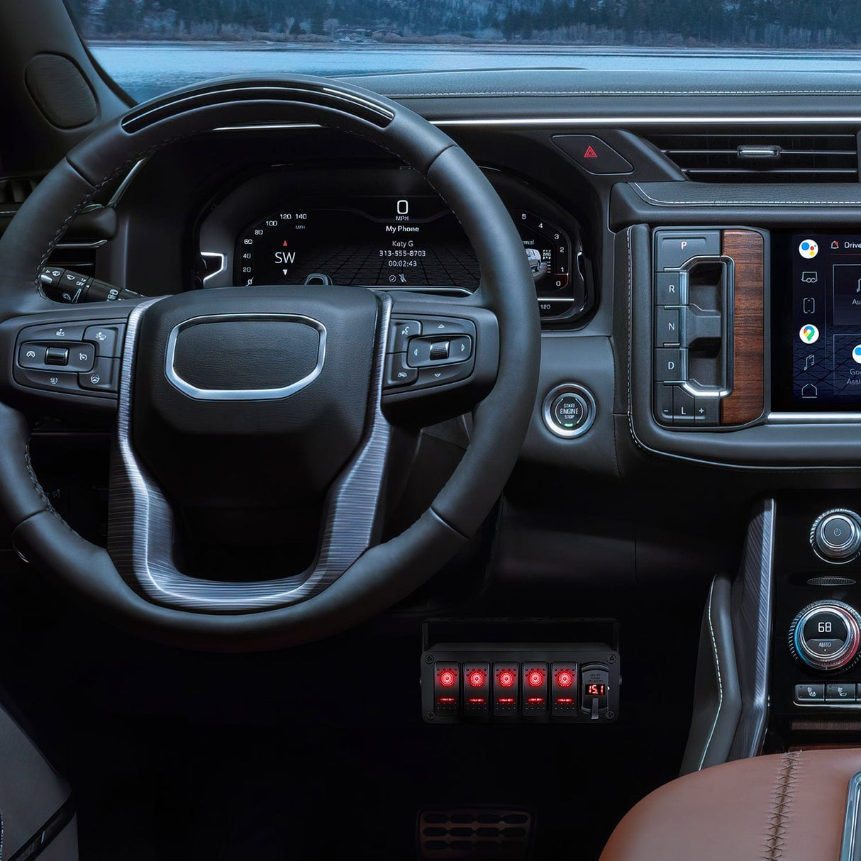 Rocker Switch 5Gang Aluminum ON/Off Rocker Switch Box w/ QC 3.0 Dual USB Charger Voltmeter with Red Backlit