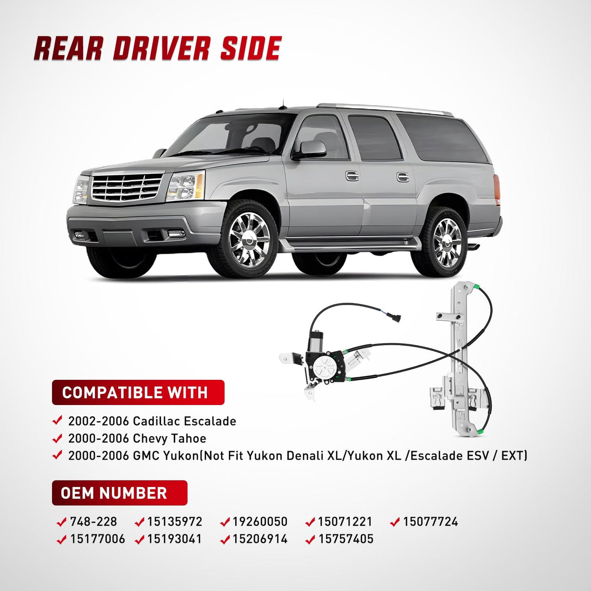 Window Regulator Power Window Regulator with Motor Rear Driver Side,Compatible with Cadillac Escalade/Chevy Tahoe/GMC Yukon 2002 2003 2004 2005 2006,Rear Left,748-228
