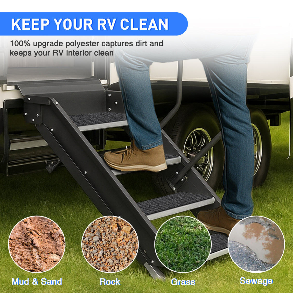 Nilight RV Step Covers 4 Pack 24 x 7.5 inches, Non Slip Camper Steps RV Step Rug with Hook & Loop Works on Electrical & Manual RV Stairs Carpet Rug for Mobile Home Camper Trailers Steps Outside, Gray