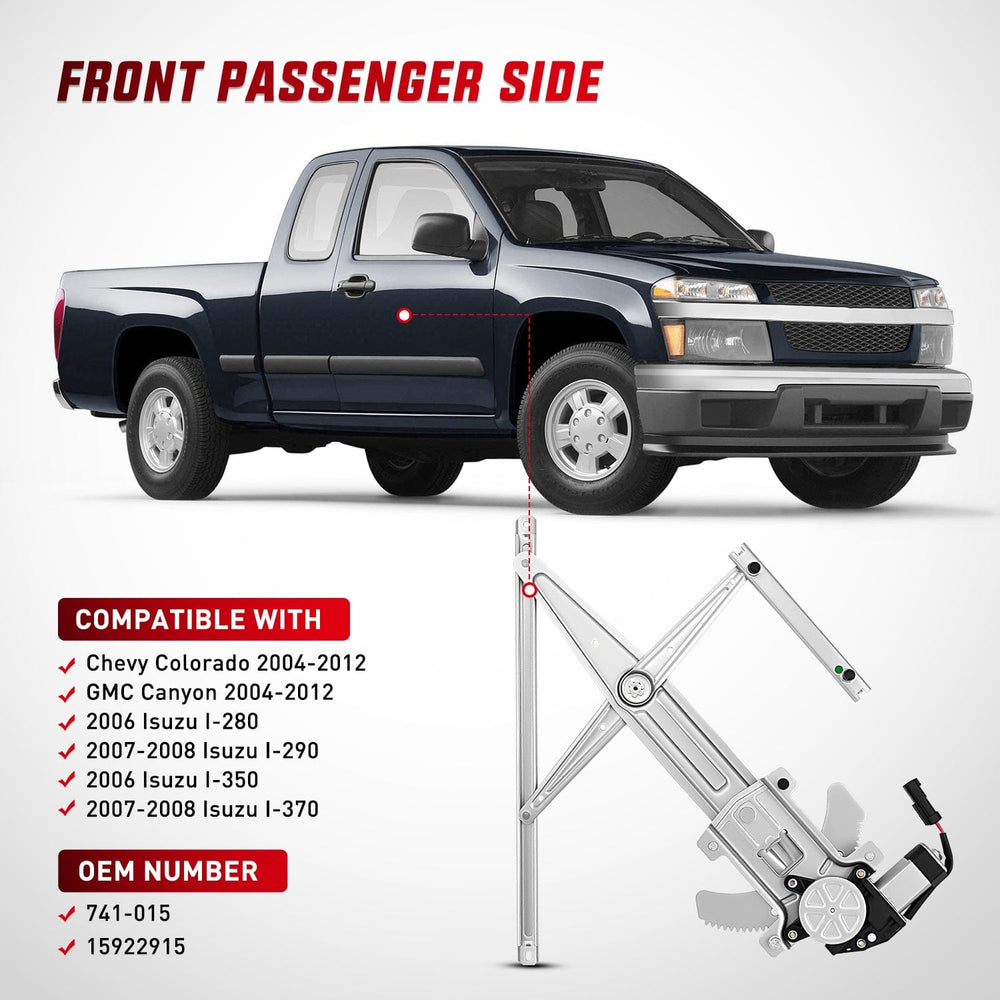 Window Regulator Front Passenger Window Regulator with Motor, Compatible with Chevy Colorado/GMC Canyon 2004 2005 2006 2007 2008 2009 2010 2011 2012, Power Window Lift Motor Assembly, 741-015