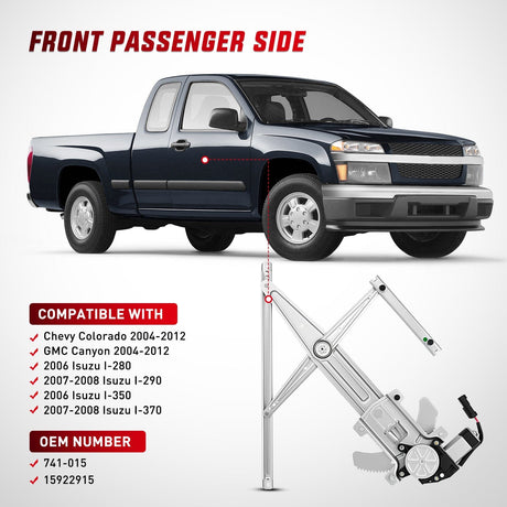 Window Regulator Front Passenger Window Regulator with Motor, Compatible with Chevy Colorado/GMC Canyon 2004 2005 2006 2007 2008 2009 2010 2011 2012, Power Window Lift Motor Assembly, 741-015