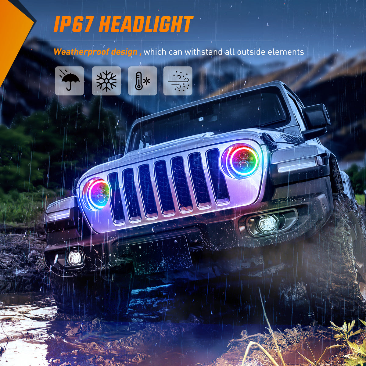 7-Inch RGB LED Headlights with Amber Turn Signal, Remote Control, High/Low Beam, Compatible with Jeep Wrangler JK JKU 2007–2015