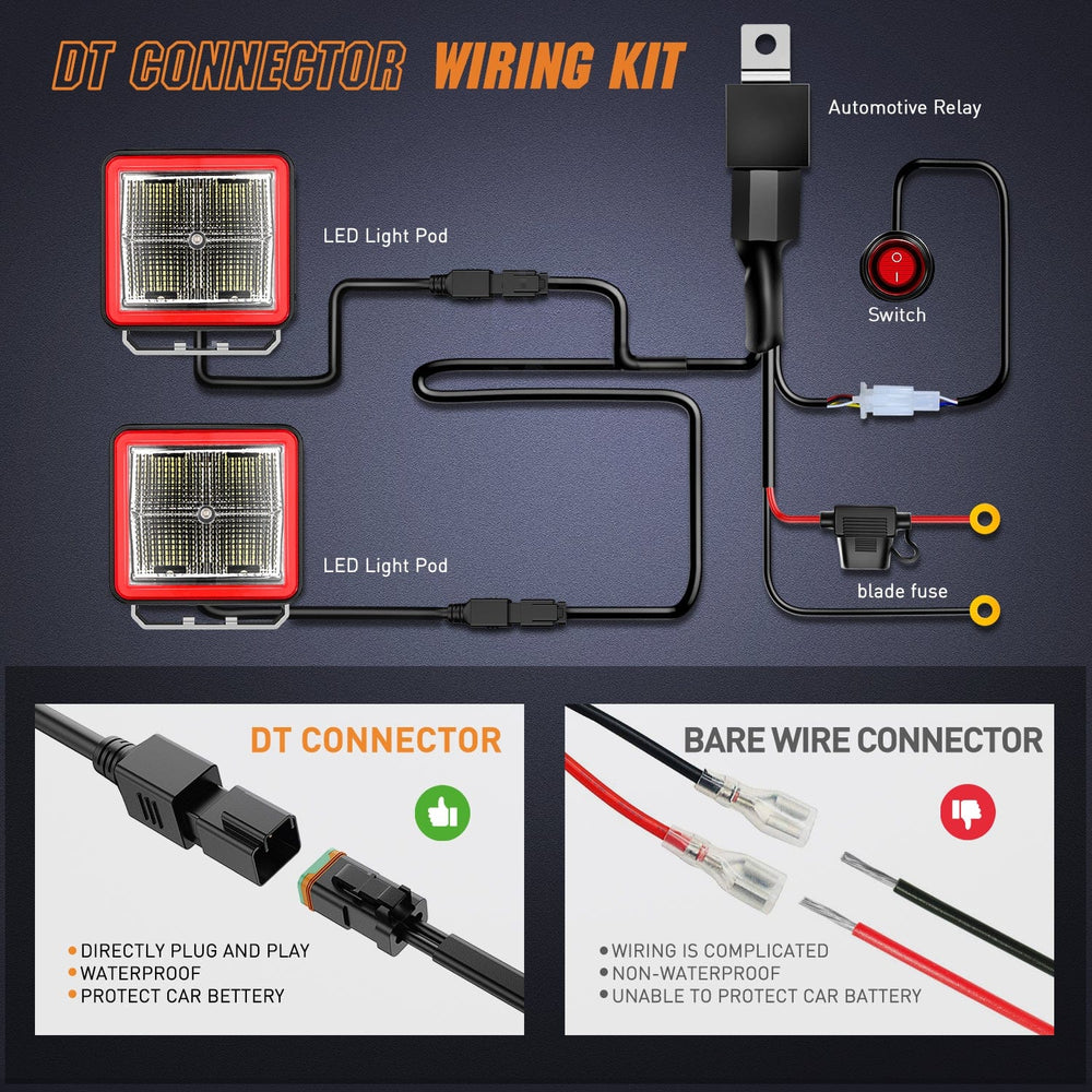 LED Work Light 3 Inch Cube LED Pod Light Bar 20W 2100LM Super Flood Light (2 pcs)/16AWG DT Wiring Harness Kit (Pair) | 16AWG DT Wire (Copy)