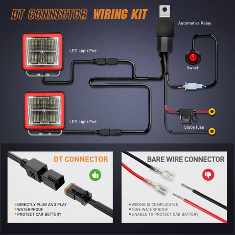 LED Work Light 3 Inch Cube LED Pod Light Bar 20W 2100LM Super Flood Light (2 pcs)/16AWG DT Wiring Harness Kit (Pair) | 16AWG DT Wire (Copy)