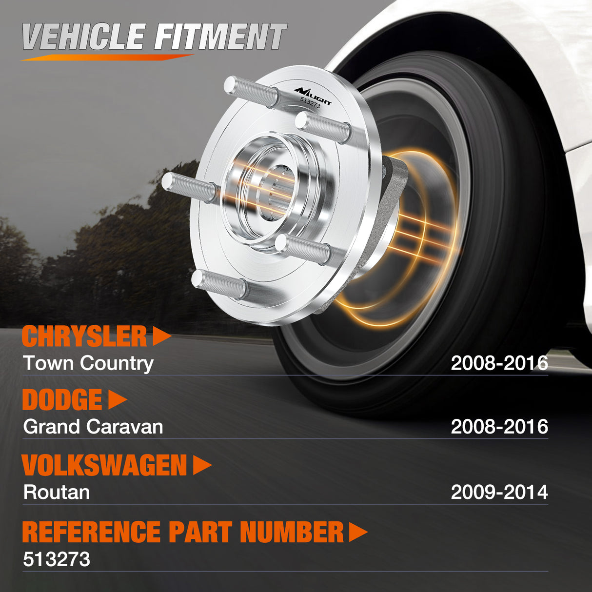 Nilight Front Wheel Hub and Bearing Assembly for Dodge Grand Caravan Chrysler Town & Country 2008 2009 2010 2011 2012 2013 2014 2015 2016, Volkswagen Routan 2009-2014 with ABS&5-Lug, OEM 513273