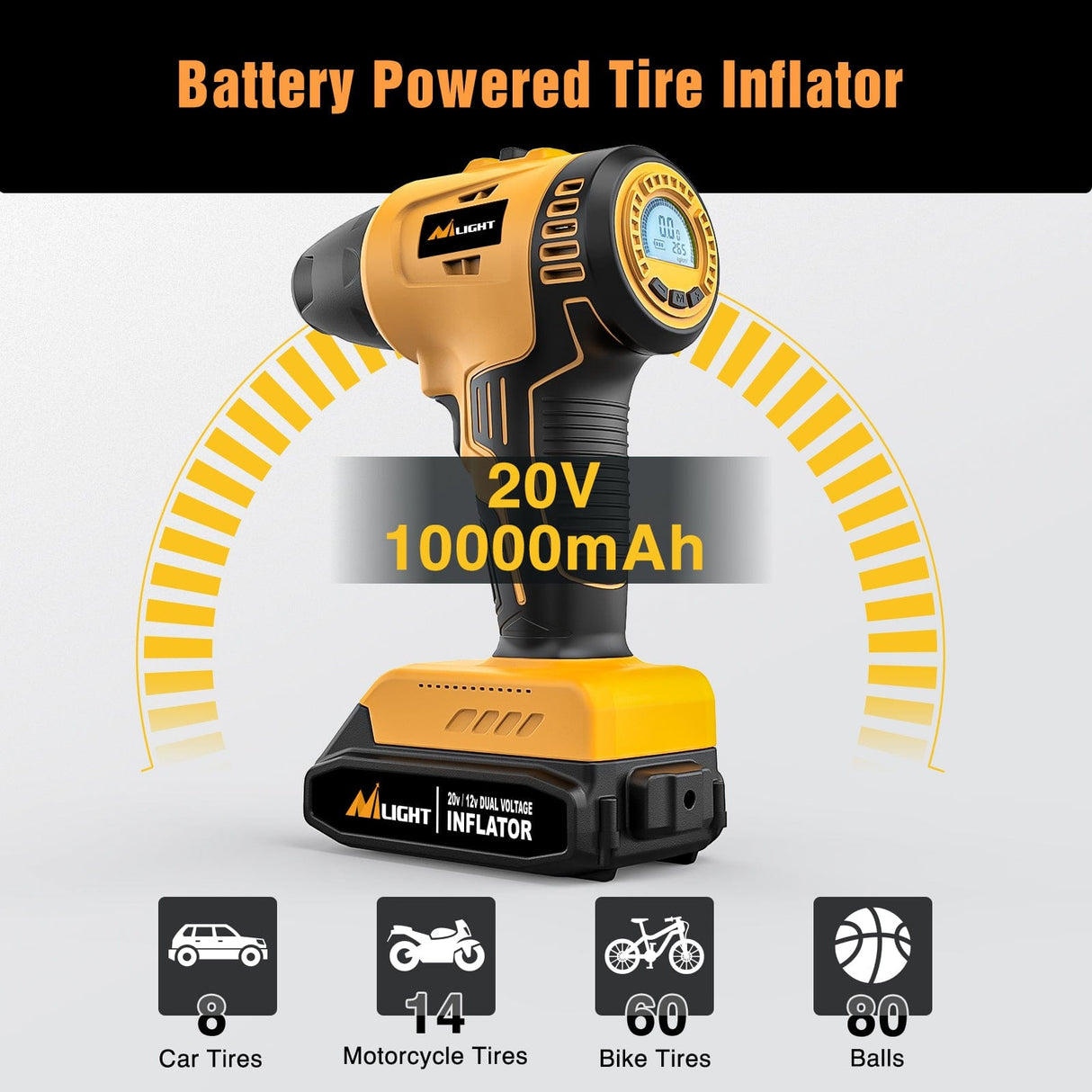 inflator Cordless Tire Inflator 20V Rechargeable Air Compressor with Digital Gauge 150PSI Includes 12V Adapter