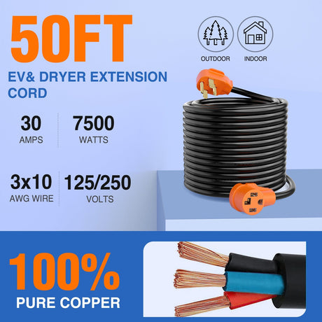 RV Parts 50FT EV Dryer Extension Cord 3 Prong 30 Amp NEMA 10-30P 10-30R Old Extensions Cable Heavy Duty 10 Gauge Pure Copper Wire UL Listed 125/250V for Level 2 Using30 Amp 25FT 3 Prong EV Dryer Extension Cord