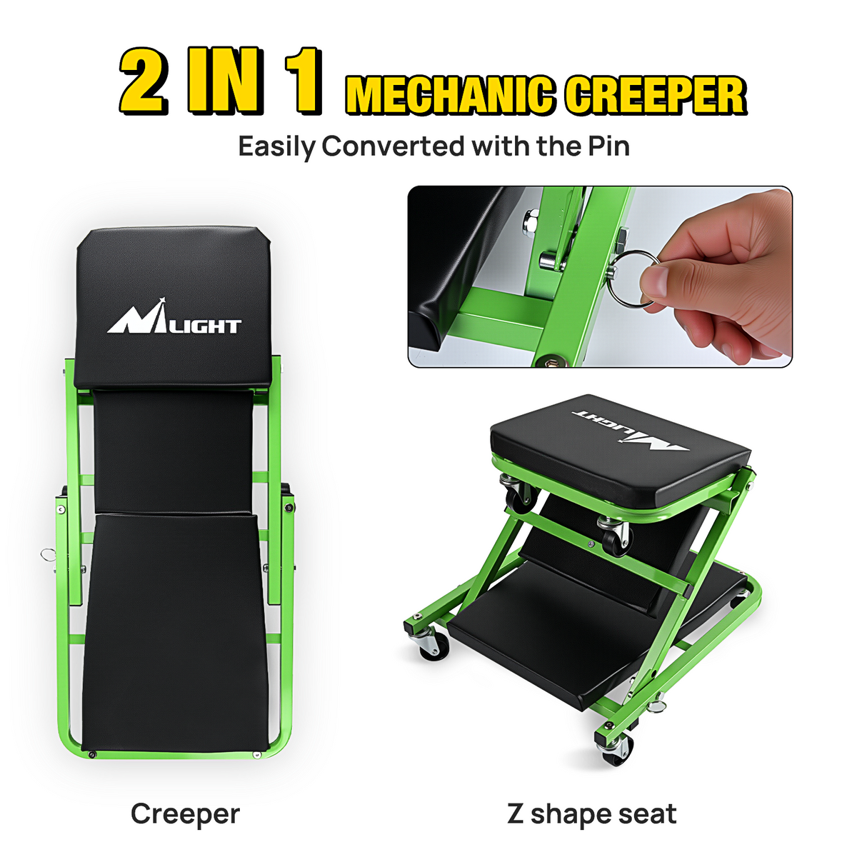 Creeper Seat 36Inch Z Creeper - 2-in-1 Rolling Folding Car Seat, 36 inches Adjustable Roller Garage Chair Lay Down or Sit, 330LBS Capacity, Green Black