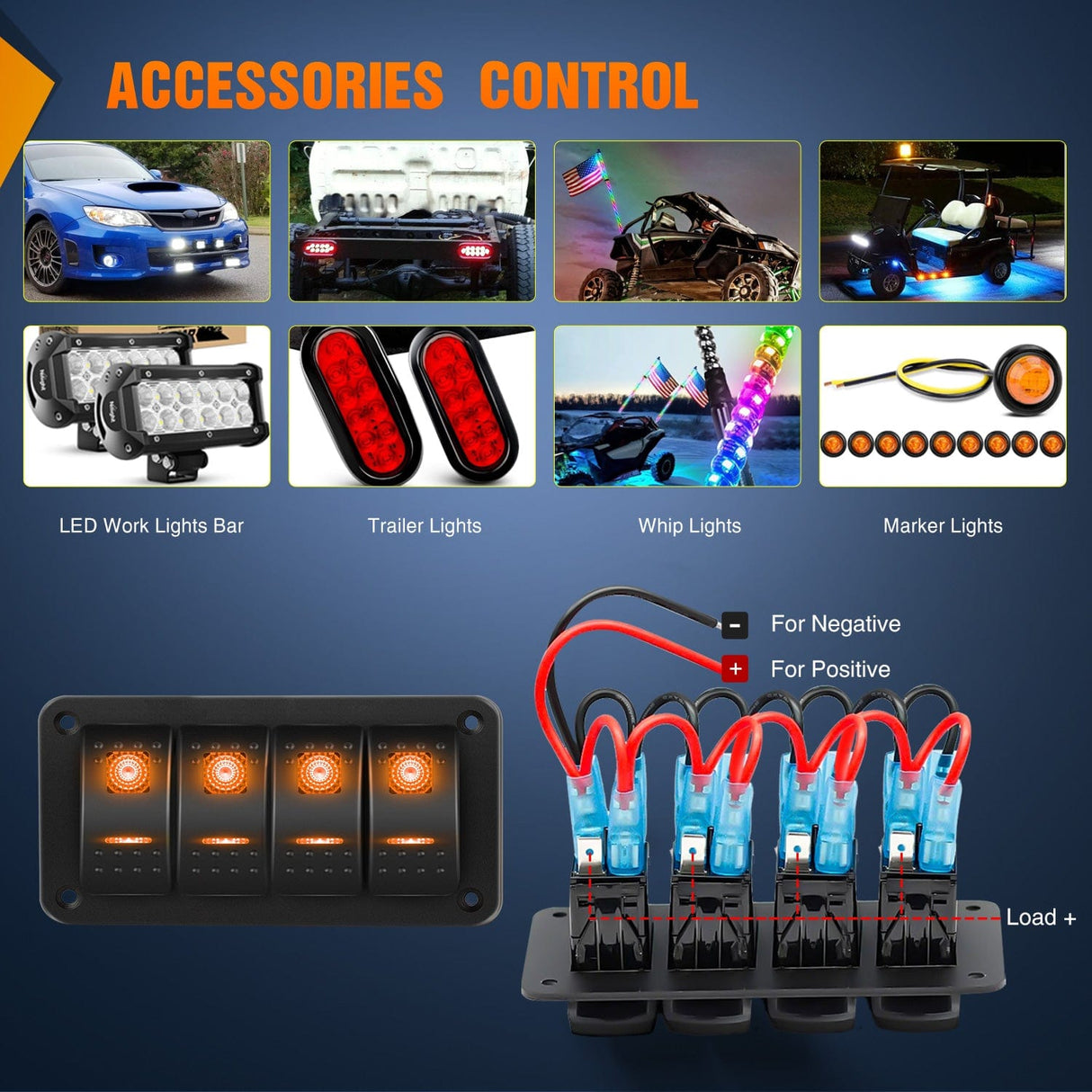 Rocker Switch 4Gang Aluminum 5Pin ON/Off Rocker Switch Panel Orange