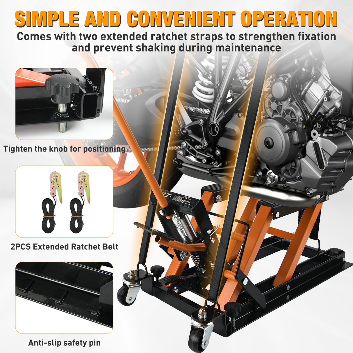Motorcycle Lift Jack 1500 LBS Hydraulic Lifts ATV Scissor Jacks with Wheel Foot Pedal Handle Ratchet Belt Heavy Duty Lifter Stand Hoist Table for Dirt Bike Garage Storage Repair Tool,Orange