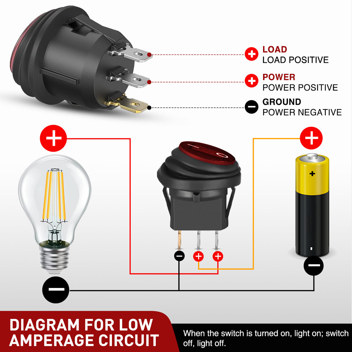 Nilight 5Pcs Waterproof Round Rocker Toggle Red LED Switch 12V 20A 3 Pin ON Off SPST for Car Truck Boat Marine Automotive RV with Locked Terminal Wires