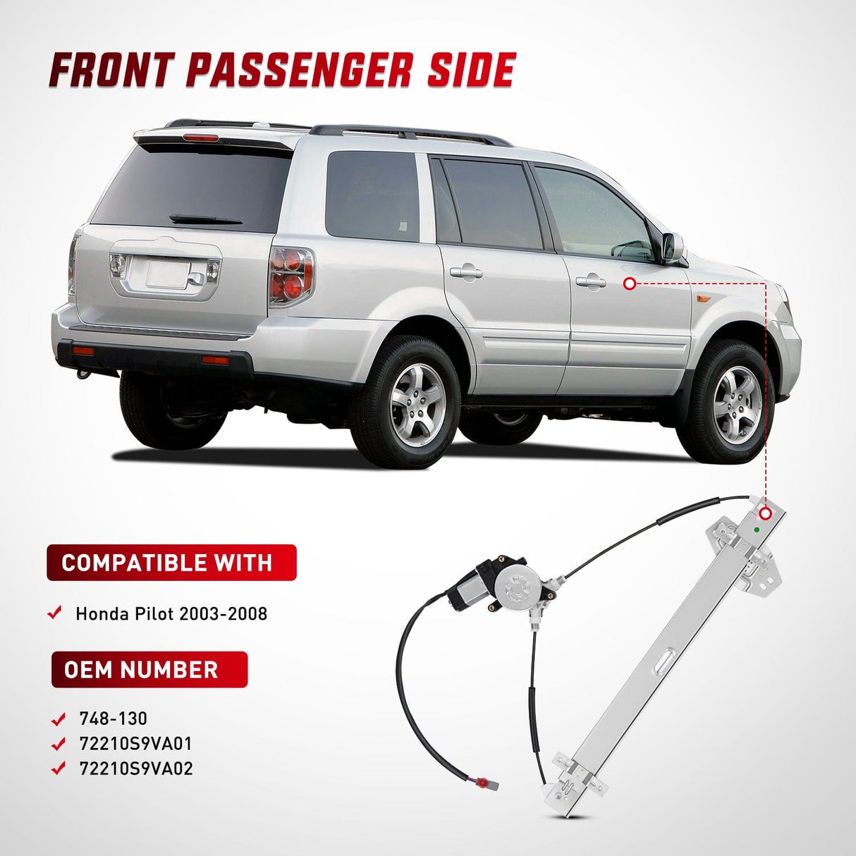 Window Regulator Power Window Regulator with Motor Assembly Replacement for Honda Pilot 2003 2004 2005 2006 2007 2008, Front Passenger Side, 748-130