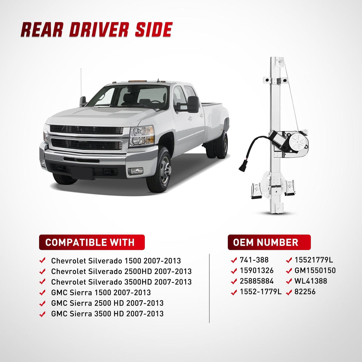 Window Regulator Power Window Regulator/Motor Rear Driver Side Compatible with Chevrolet Silverado/GMC Sierra 1500 2500 HD 3500 HD 2007 2008 2009 2010 2011 2012 2013,Rear Left,741-388