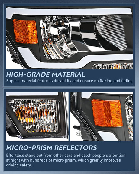 Headlight Assembly 2009 2010 2011 2012 2013 2014 Ford F150 Headlight Assembly Black Case Amber Reflector Clear Lens