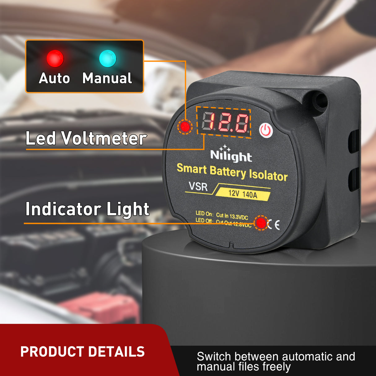 Nilight 12V 140 AMP Dual Battery Isolator Auto Manual Voltage Sensitive Relay with Digital Voltmeter Smart VSR Automatic Charger Disconnect w/Voltmeter for Truck RV UTV Boat Can Am