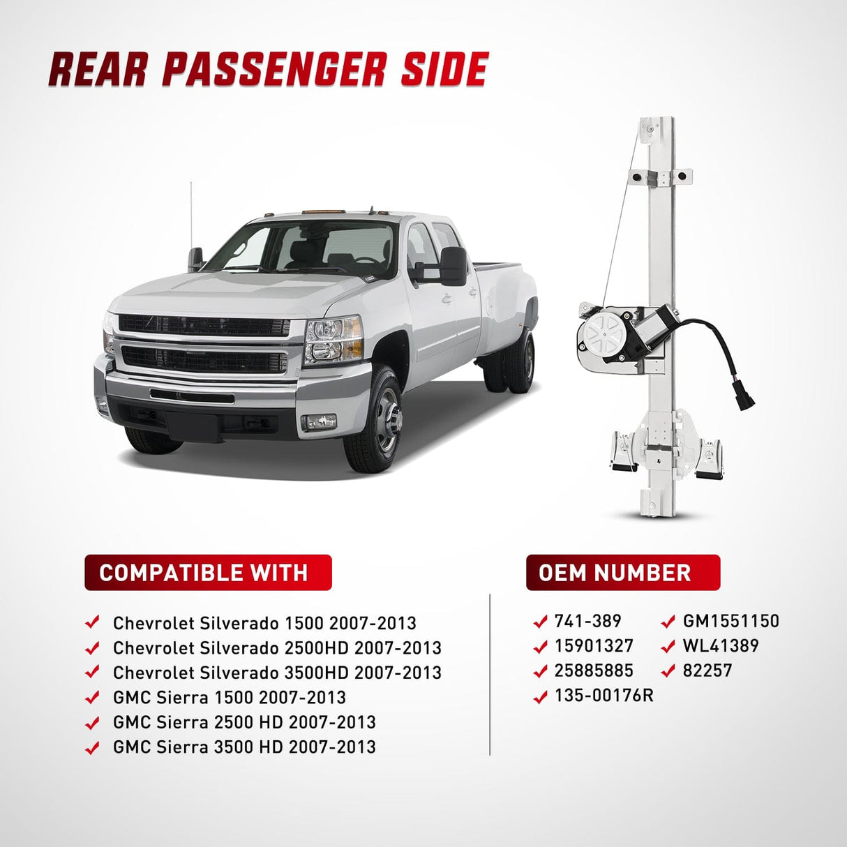 Window Regulator Power Window Regulator/Motor Rear Passenger Side Compatible with Chevrolet Silverado/GMC Sierra 1500 2500 HD 3500 HD 2007 2008 2009 2010 2011 2012 2013,Rear Right,741-389