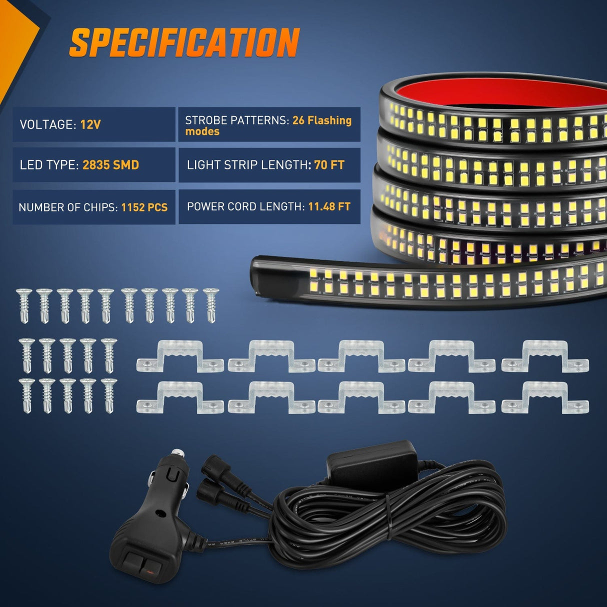 Led light Strip 2PCS 70 Inch Emergency Strobe Lights Strip 1125 LED Running Board Marker Light Amber Flexible Side Flashing Warning Caution Safety Waterproof for Truck Construction Vehicles Pickup